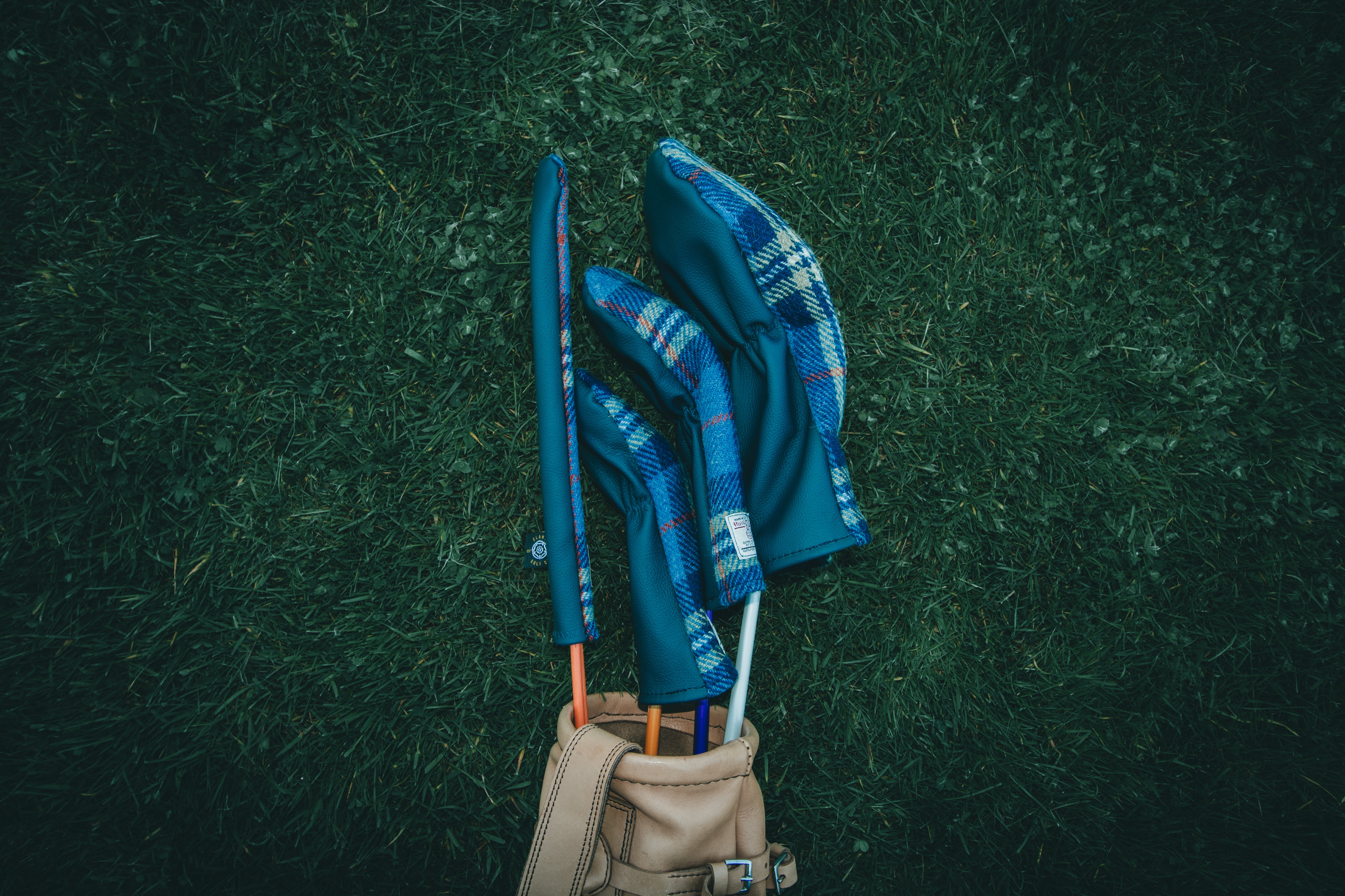 blue & Pale Green With Orange & White Overcheck Tartan Harris Tweed® Headcovers