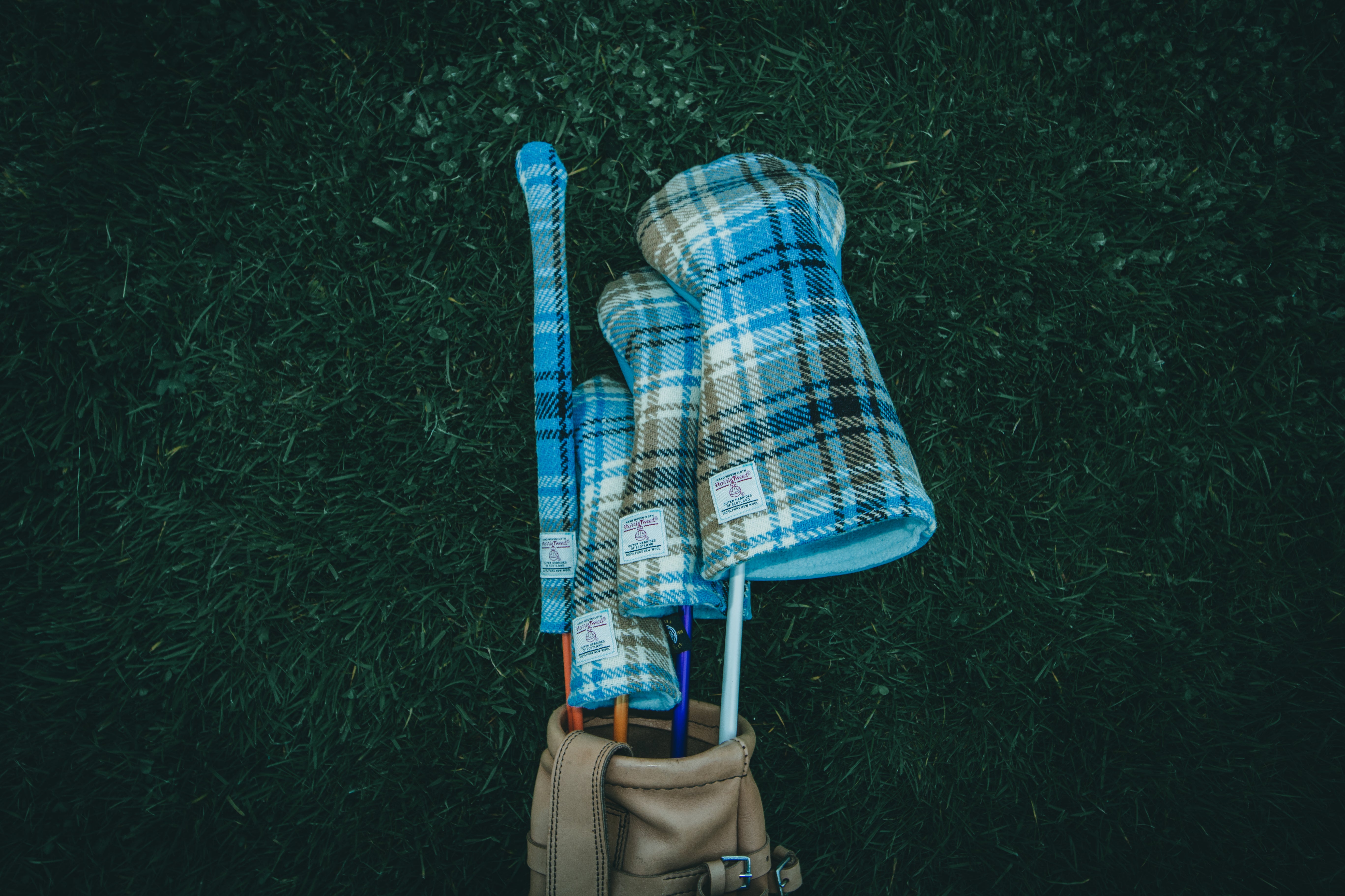 Cornflower Blue & Tan Brown Tartan Check Harris Tweed® Headcovers