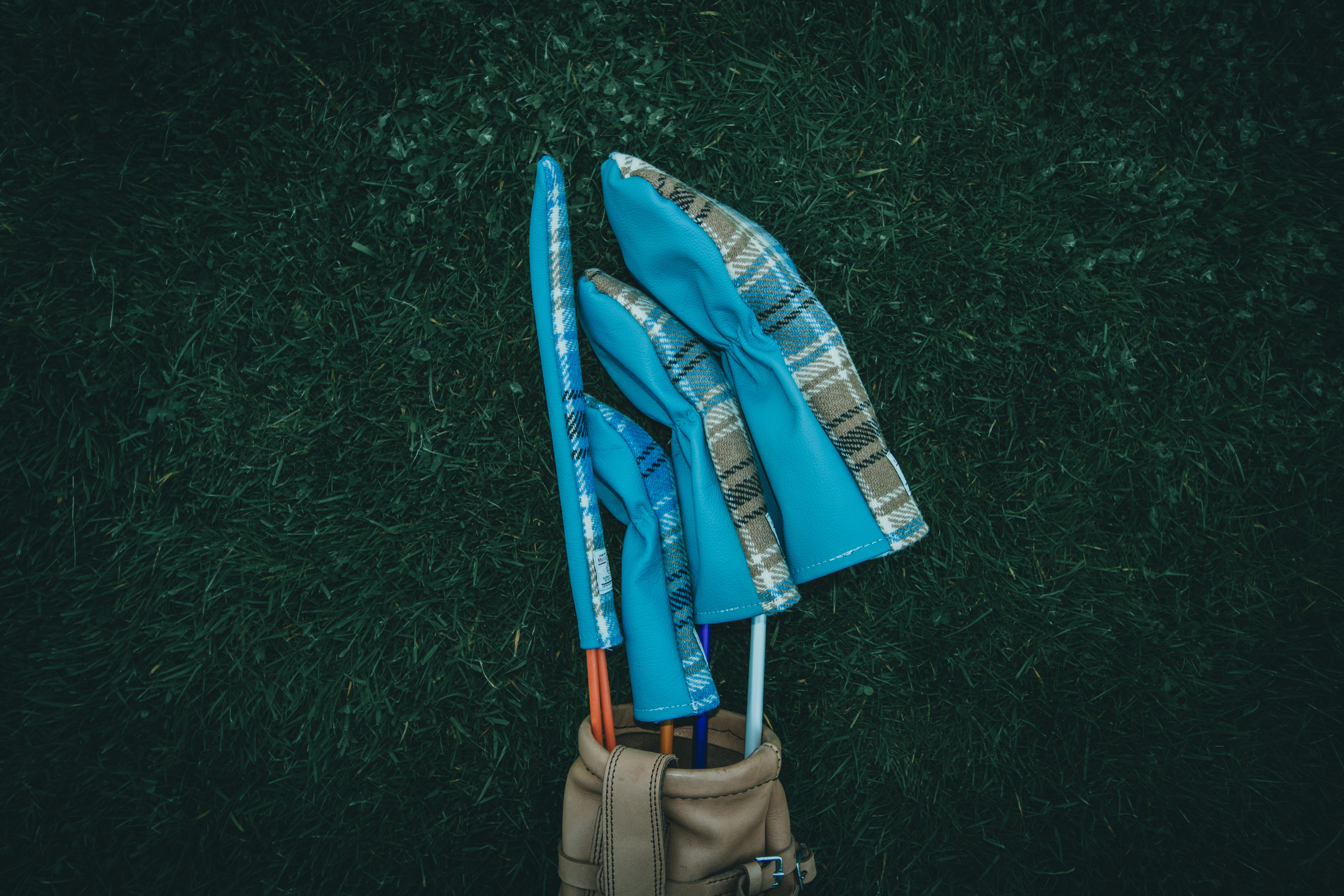 Cornflower Blue & Tan Brown Tartan Check Harris Tweed® Headcovers